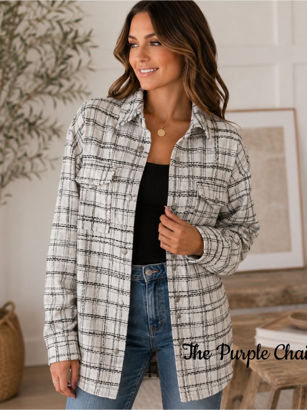 NWT White/Black Metallic Plaid Tweed Long Sleeve Button Front Shacket M